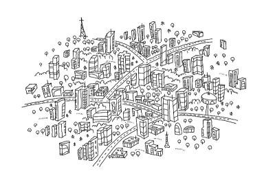 小镇素描在圆圈里。手绘黑线。