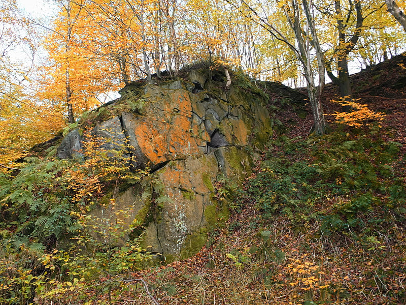 Gritstone露头在pennine山谷秋天森林在皇冠树林附近赫布登桥在卡尔德代尔西约克郡