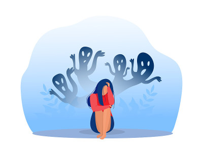 抑郁女孩与焦虑和可怕的幻想感受悲伤，恐惧，悲伤矢量插图