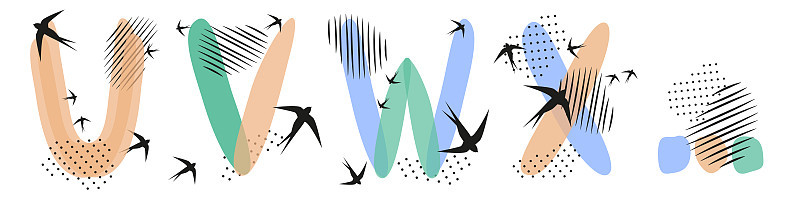 一组手绘字母U, V, W, x，一群燕子在飞翔。抽象的物体，点，点，黑墨水和羽毛的阴影。矢量插图，