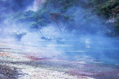 蒸汽从新西兰温暖的火山水中升起。