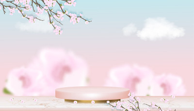 裙房展示与春天苹果花在蓝色和粉色柔和的天空背景，向量现实的3D粉红金柱站平台上的玫瑰金箔大理石与盛开