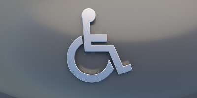 轮椅，灰色背景上的残疾人金属标志。三维演示