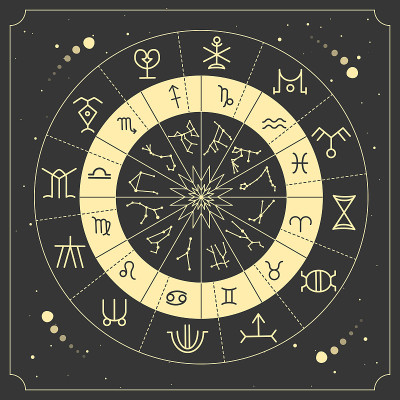 现代魔法巫术占星轮与星座的空间背景。下和上黄道带。星座矢量图