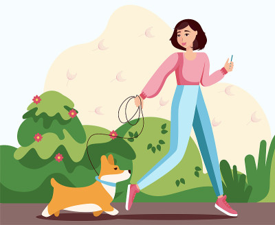 概念插图的女孩与柯基在公园散步，插图在抽象的黄色背景孤立的平面风格。