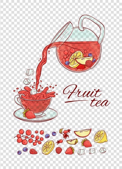 矢量冰茶饮料构造水果和浆果的酿造工艺。制作并倒入透明杯中，清凉芳香的饮料。素描集集手绘插图