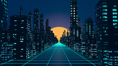 蒸汽波赛博潘克城市背景。3D插图，3D渲染。