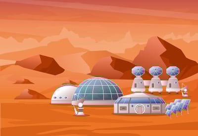 矢量插图概念火星殖民任务。火星上有山脉。人类在红色星球上的家园设计为平面。