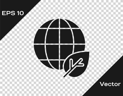 Black Earth globe and leaf icon isolated on transp