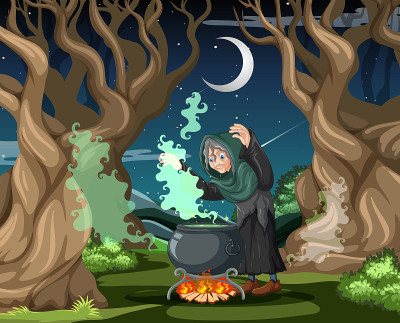 巫师或女巫与魔法锅在黑暗的森林背景