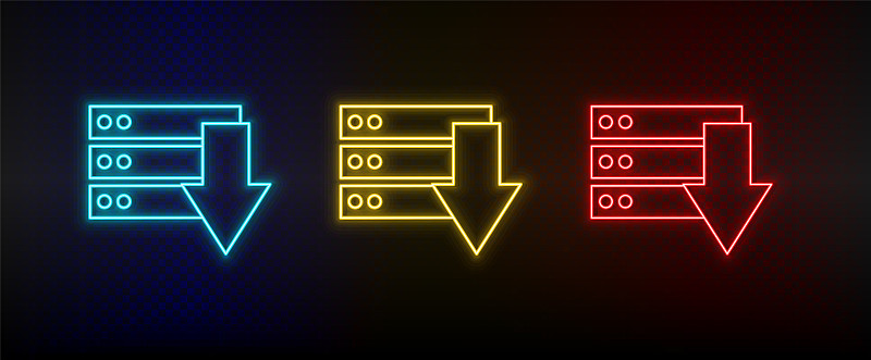 Neon icons. Database server down. Set of red, blue