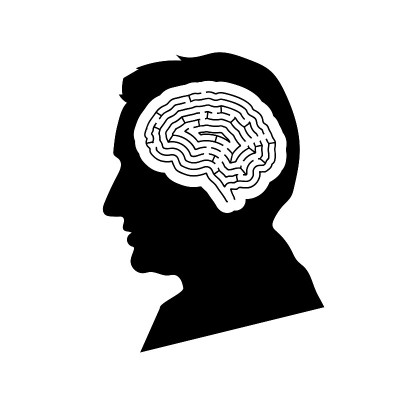 黑色详细的男子面部轮廓与迷宫大脑在头部上的白色