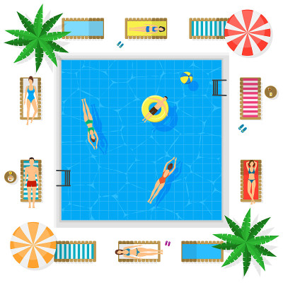 游泳池与蓝色的水夏季度假概念。向量