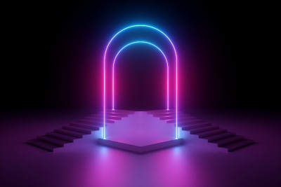 3d渲染，抽象的霓虹背景，发光的粉蓝色拱门，紫外光下的讲台，楼梯，台阶，表演舞台设计，空荡荡的时尚讲