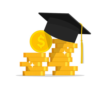 带毕业帽的金币，在大学里攒奖学金。财政投资于教育。一堆硬币来换取知识。学士学位。向量。