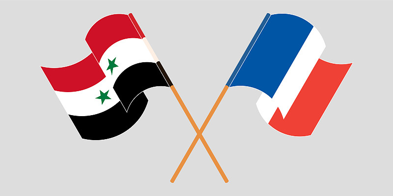 Crossed and waving flags of Syria and France