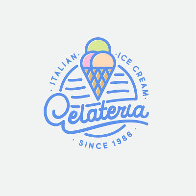 Gelateria的标志和标志。一个华夫蛋筒和几勺冰淇淋，上面有字母。