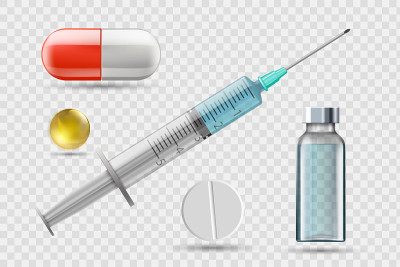带针的医疗注射器。疫苗瓶。