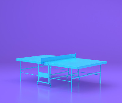 拱廊乒乓球台，娱乐中心物品在紫色的平面房间，3d渲染