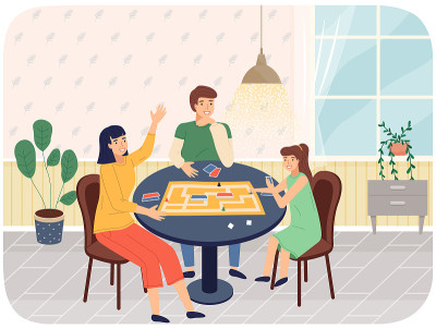 家庭玩棋盘游戏平面插图。母亲和孩子们玩得很开心，花时间在一起