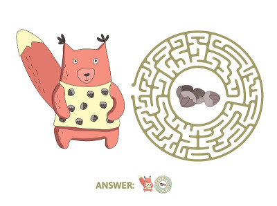 松鼠和坚果的儿童迷宫。儿童益智游戏，矢量迷宫插图。