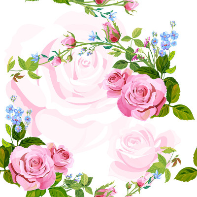 矢量方形花无缝模式与枝卷曲粉红玫瑰，花束与蓝色花勿忘我，花蕾，绿色茎，叶在白色背景，数字绘图插图，复