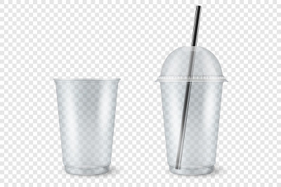 矢量现实3d空透明塑料打开，关闭一次性杯吸管设置特写孤立在透明背景。为图形的奶昔，茶，果汁包装模型的