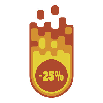 陨石折扣，一个橙色陨石在火上白色背景上的铭文减去20%。出售,便宜