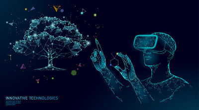 虚拟数字生物技术树工程概念。3D渲染VR头盔增强现实维生素补充剂。医学生命生态多边形生物学未来研究载
