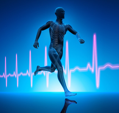3D男性人物在跑步姿势在深蓝色的背景