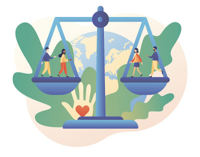 人权的概念。世界社会正义日。象征平等、自由和爱的巨大天平。小人需要宽容和尊重。现代扁平卡通风格。矢量