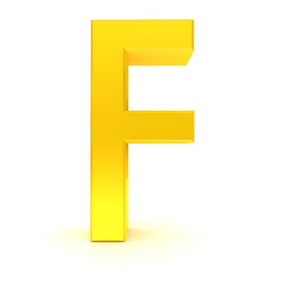 字母F大写字母金色黄色字体3d渲染插图符号字符文本图形在白色背景上切掉