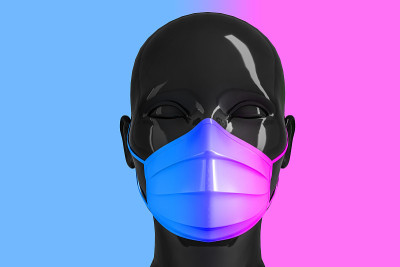 医学概念，禁止言论自由的概念。女性闪亮时尚的黑色头在一个医疗面具上彩色的黑色背景。3 d股票插图。