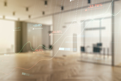 双重曝光抽象的创造性统计数据全息图在现代家具办公室的室内背景，分析和预测的概念