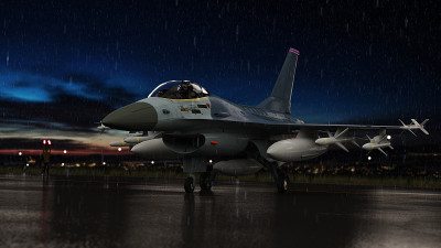 F-16战斗机在大雨中夜间在军事空军基地的3d渲染