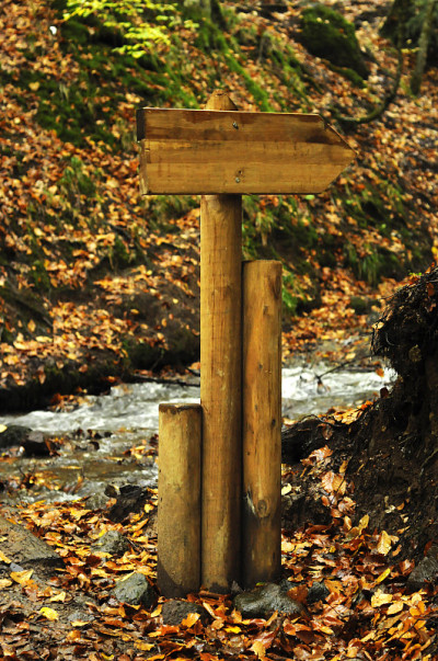 空白的木制箭头山道标志