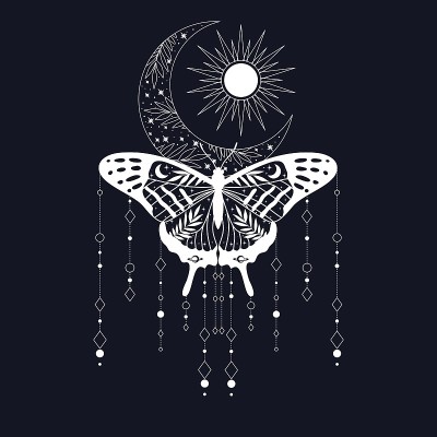 神秘的蝴蝶和星星。明星、星座、月亮。用于t恤和包的印刷，装饰元素