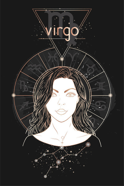 Gold astrology card. Zodiac sign Virgo, constellat