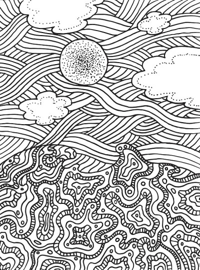 夏天的海面和天空有云和太阳。矢量手绘线艺术为成人和儿童涂色页或书。涂鸦插图。
