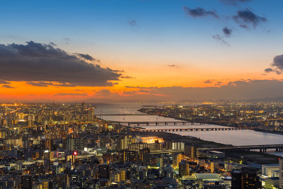 夕阳下的大阪市中心商业区