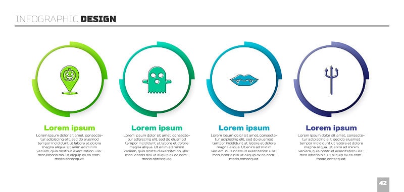 设置南瓜，幽灵，吸血鬼的牙齿和海王星三叉戟。业务信息模板。向量