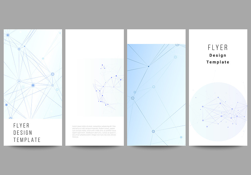 矢量传单布局，横幅模板网站广告设计，垂直传单设计，网站装饰背景。蓝色医学背景，连线点，神经丛。