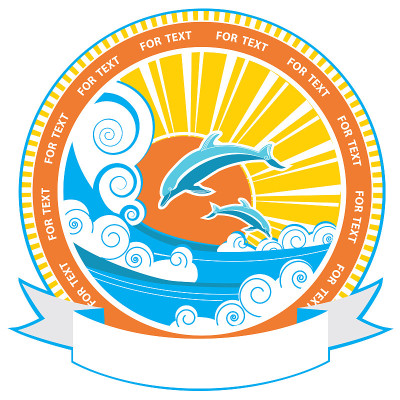 海浪中的海豚。矢量自然海景标签和滚动文本