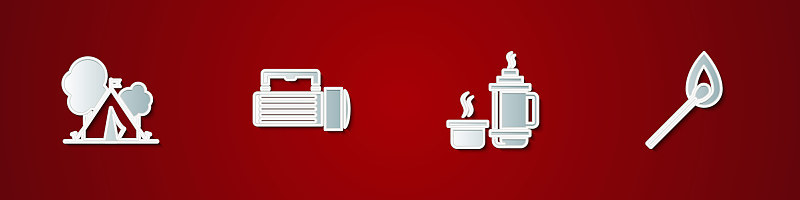设置旅游帐篷旗，手电筒，热水瓶容器和燃烧火柴火图标。向量