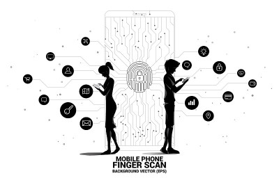 剪影商人和女商人用手机站着和拇指指纹图标从点连接线。