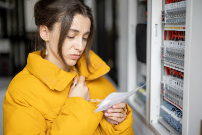 妇女在家里检查电费账单