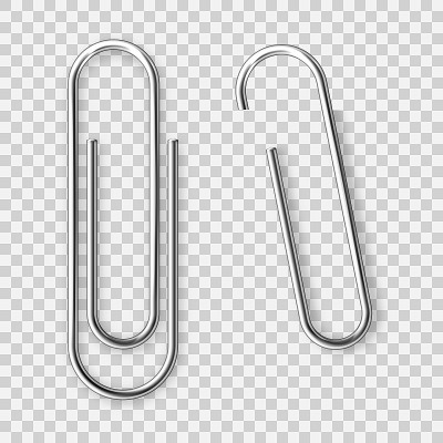Realistic tilted metal paper clip. Page holder, bi