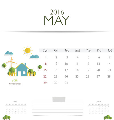 2016年日历，月历模板为5月。