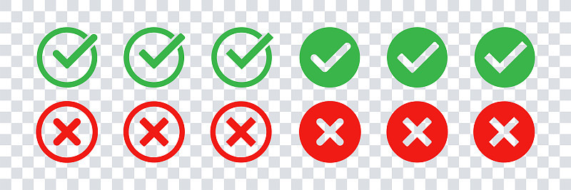 Green check mark and red cross icon set. Vector is