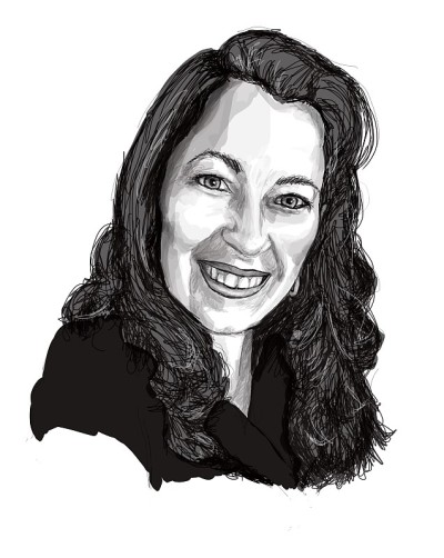 成熟女人的肖像与长发黑白插图。